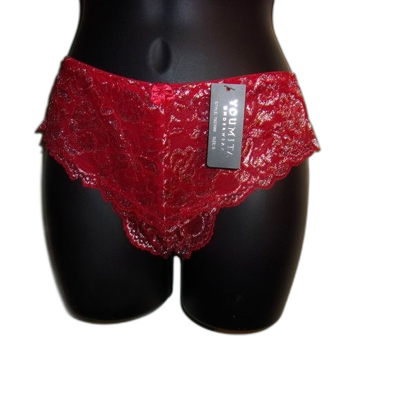 Youmita 36B Chili Pepper Metallic Lace Strappy Bra & Large Hipster Set NWT - Picture 3 of 10